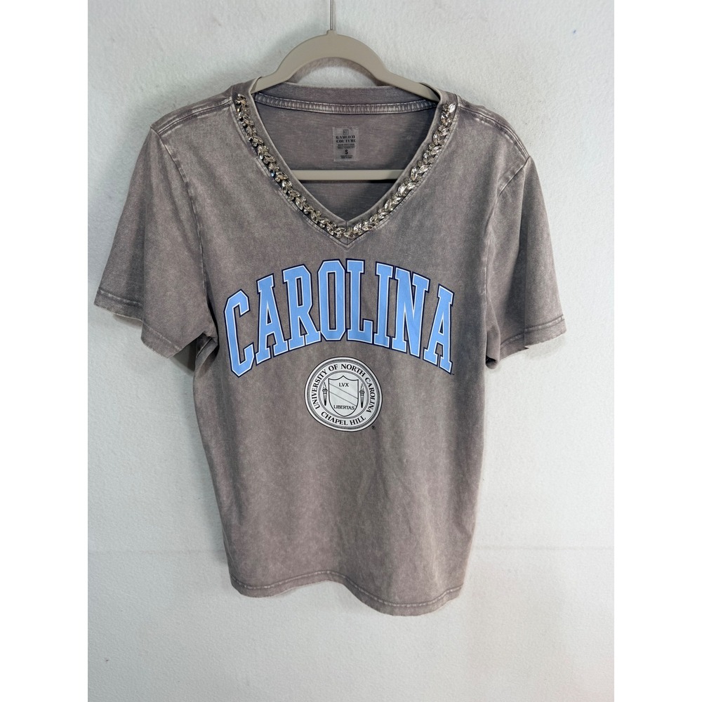 UNC Carolina Tarheels Rhinestone Jeweled V-Neck Tee Small Grey Gameday Couture